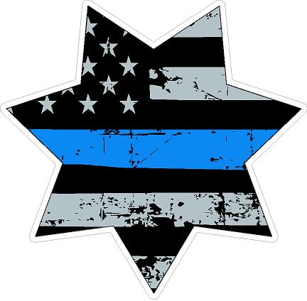 Thin Blue Line Distressed Flag 7 Point Badge Decal (image for) Thin Blue Line Distressed Flag 7 Point Badge Decal